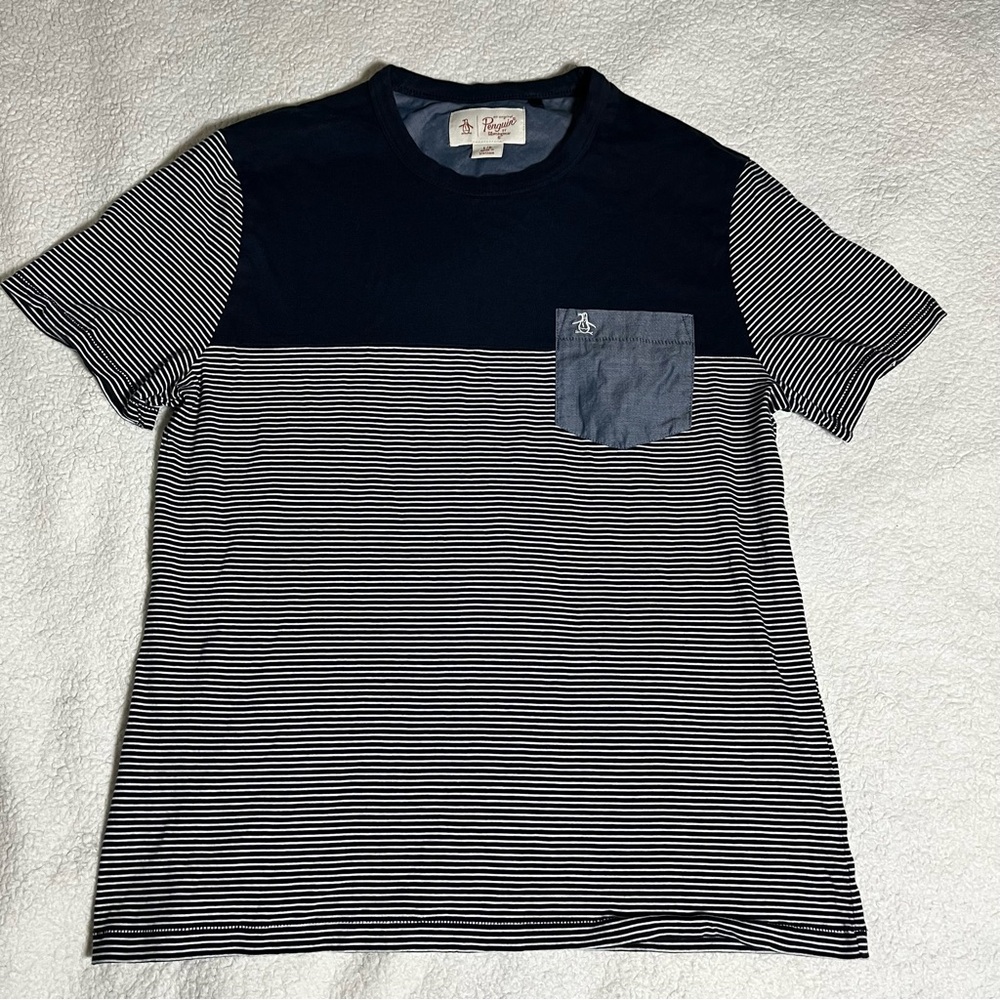 Original Penguin Blue and White Short Sleeve, sailor style, T-Shirt Size Large